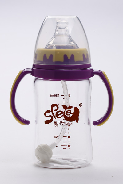 施貝樂(lè)紫色寬口弧形帶柄玻璃奶瓶180ml