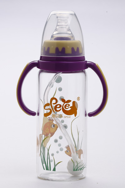 施貝樂紫色標口弧形帶柄玻璃奶瓶180ml