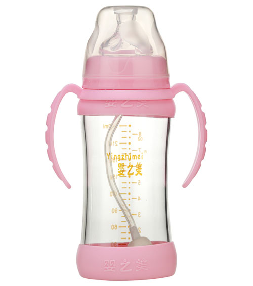 嬰之美寬口雙耳自動高硼硅玻璃奶瓶240ML粉色