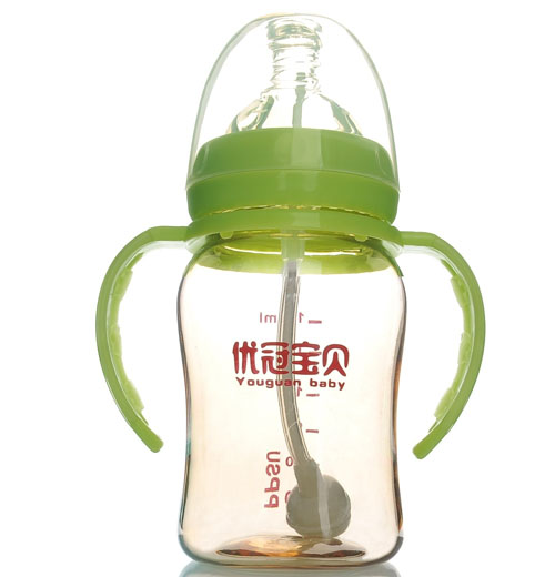 優(yōu)冠寶貝PPSU寬口帶柄自動奶瓶180ml綠色
