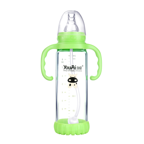 幼愛(ài)帶柄自動(dòng)吸防摔感溫晶鉆玻璃標(biāo)口奶瓶240ml