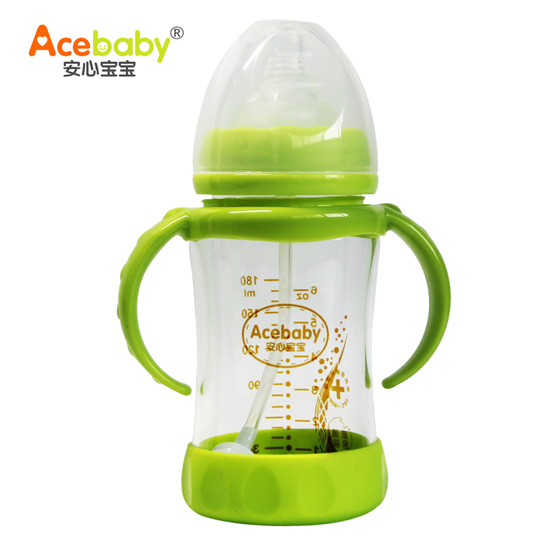 安心寶寶180ml防摔雙耳自動高硼硅玻璃奶瓶綠色