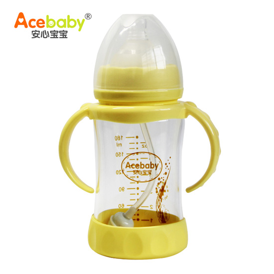 安心寶寶180ml防摔雙耳自動(dòng)高硼硅玻璃奶瓶黃色