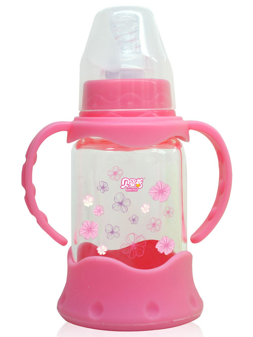 貝嬰奇120m防爆感溫標(biāo)口晶鉆玻璃奶瓶粉色