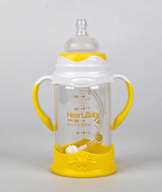 亨特貝貝玻璃防摔奶瓶240ml黃色帶手柄