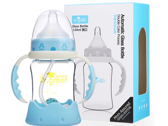 格林博士寬口玻璃自動奶瓶150ML藍色