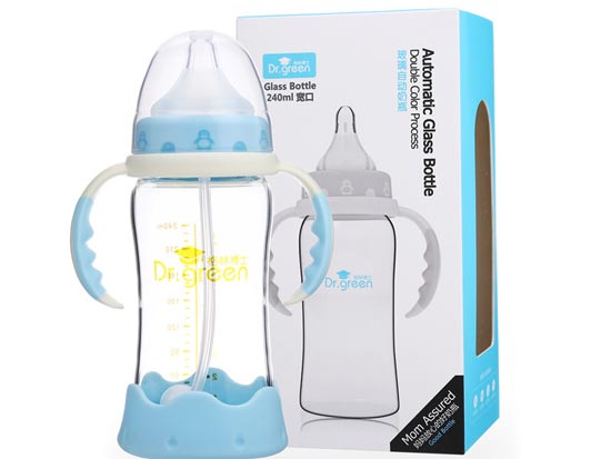 格林博士寬口玻璃自動奶瓶240ML藍色