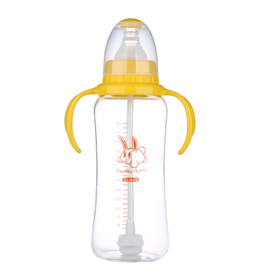 丘比兔玻璃標(biāo)準(zhǔn)口徑葫蘆型自動把手奶瓶280ML黃色