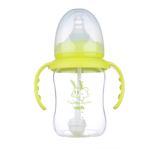 丘比兔玻璃寬口徑葫蘆型自動(dòng)把手奶瓶160ML青色