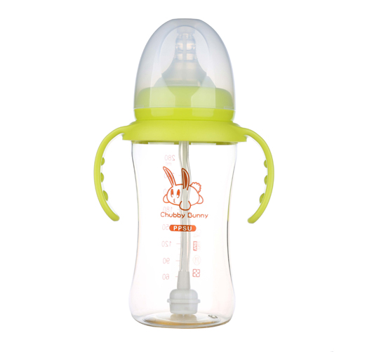 丘比兔PPSU寬口徑葫蘆型自動把手奶瓶280ML青色