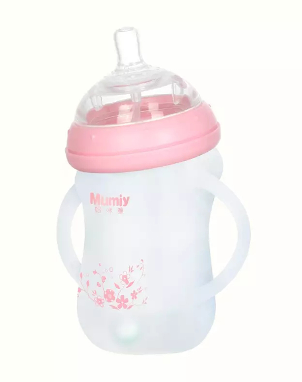 媽咪雅有柄自動廣口硅膠玻璃彎頭奶瓶