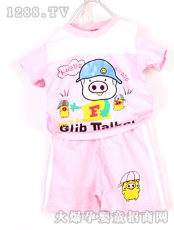 棉童麥兜短袖短褲套裝粉色