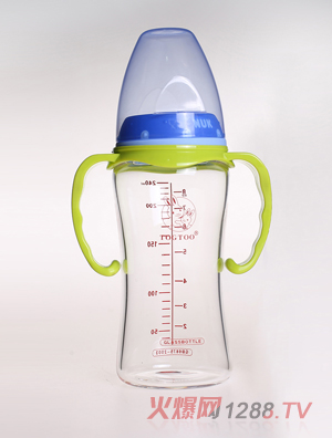 淘氣兔寬口徑帶手柄玻璃奶瓶240ml