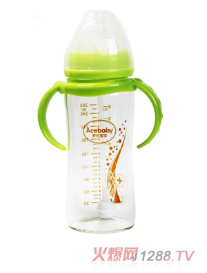 安心寶寶260ml寬口徑雙耳自動(dòng)高硼硅玻璃奶瓶綠色帶蓋