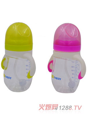 喂嗨皮220ML超寬口徑安撫型硅膠奶瓶綠色紅色帶把