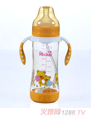 樂(lè)起帶柄寬口徑300ML防滑奶瓶黃色