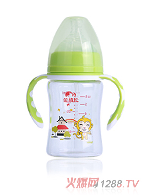 金成長180ML 寬口晶鉆玻璃有柄自動奶瓶